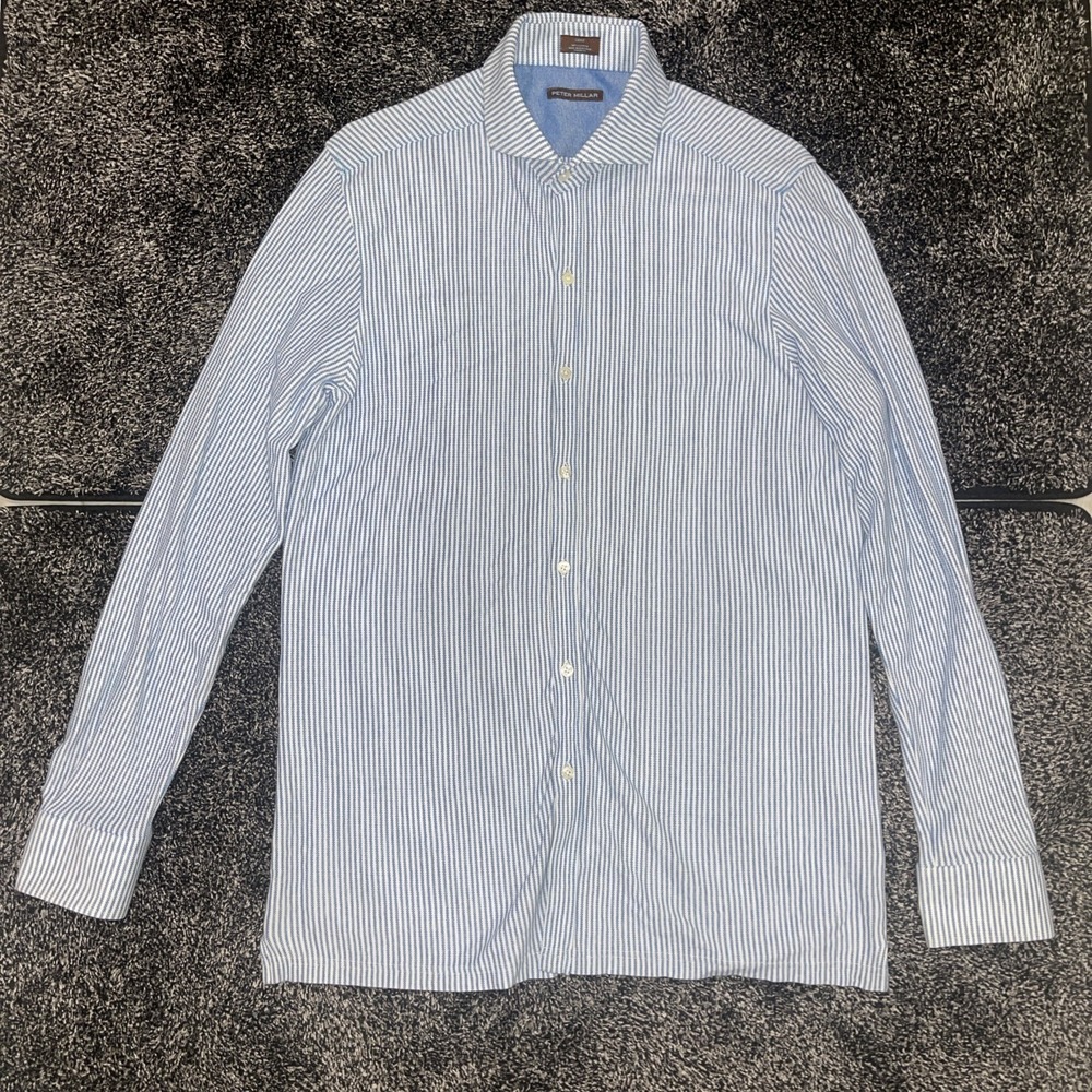 Peter Millar Men's Button Down White/Blue Stripped Large Preppy